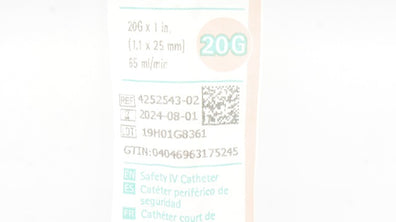 Braun 4252543-02 Introcan Safety IV Cath. 20G x1inch 65mL/min (x)